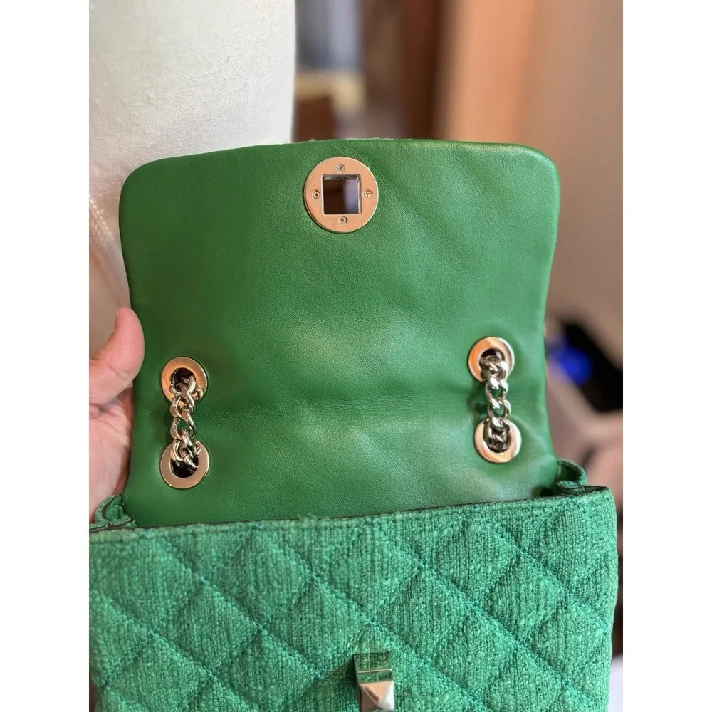 Kate‎ Spade Natalia Solid Quilted Tweed Crossbody Kelly Green Gold Chain New